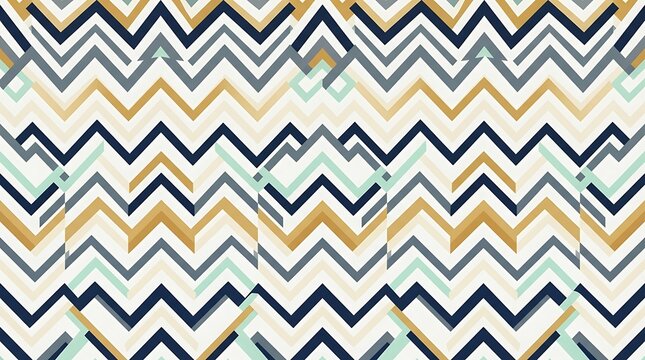 Abstract seamless chevron pattern with zigzag lines in gold, navy blue and pastel colors.
