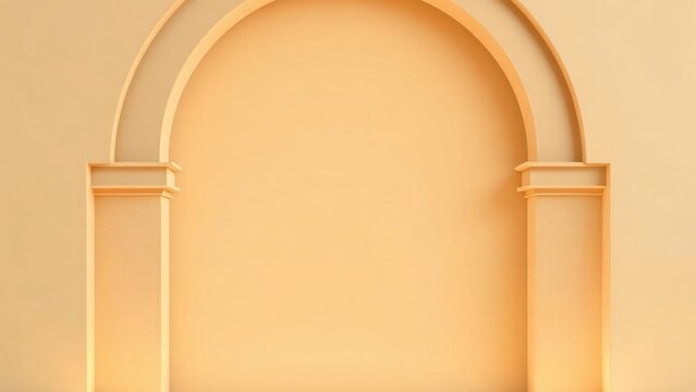 Minimalist peach-colored wall with an elegant arched niche and architectural pilasters for product presentation or background