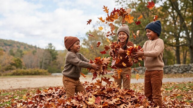 Three happy children playing in a pile of autumn leaves outdoors. Diverse kids tossing dry fallen foliage in park. Autumnal equinox and seasonal fun concept