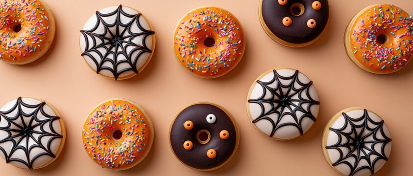 Top-down view of nine colorful Halloween donuts featuring orange sprinkles, white spiderweb icing and chocolate with candy eyes on a peach background.