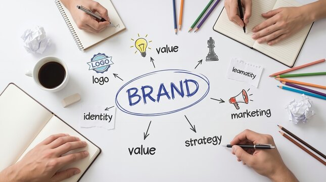 Creative team brainstorming brand identity development and marketing strategy on white table with sketches and coffee