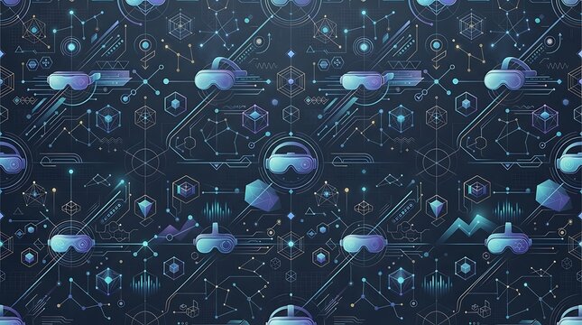 Abstract futuristic technology background with virtual reality headsets and digital data pattern.