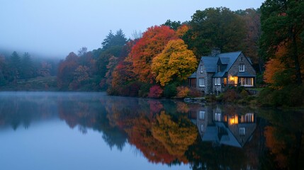 Obraz premium a tranquil lakeside scene during autumn. The main subject is a stone house with a dark roof, situated on the edge of a still lake. The house is illuminated by warm, ambercolored lights.