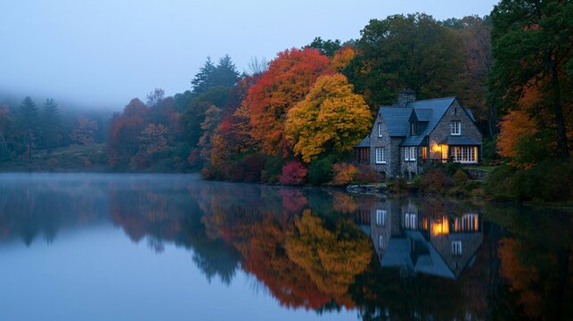 a tranquil lakeside scene during autumn. The main subject is a stone house with a dark roof, situated on the edge of a still lake. The house is illuminated by warm, ambercolored lights.