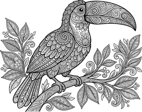 Intricate toucan bird perched on a tropical branch with dense foliage vector illustration black lineart zentangle mandala style exotic wildlife graphic element