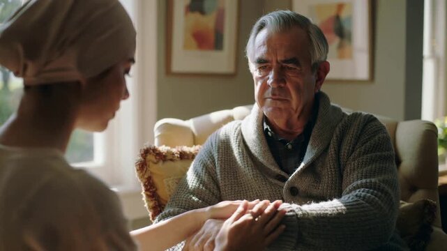 Upon noticing pain caregiver in scarf rolling senior cardigan sleeve to check wrist rubbing arm