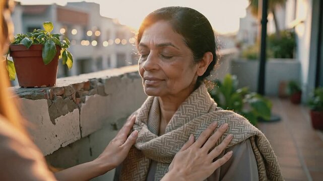 Reaching from left helper hands lifting scarf around senior in coat on balcony sunset comforting