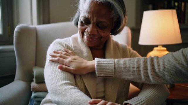 Reaching helper stroking Senior woman arm to comfort in home armchair with cardigan and sweater