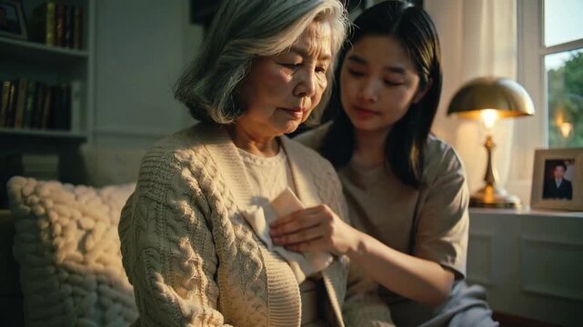 Reaching across, dabbing daughter patting senior's chest over cardigan on sofa, cloth, for comfort