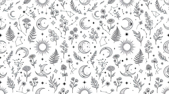 seamless pattern with celestial floral elements in black and white