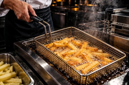 Chef fries golden french fries in hot oil in a commercial kitchen deep fryer