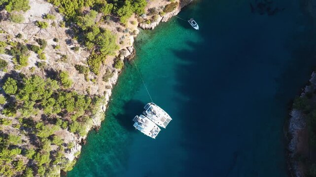A catamaran lies anchored with a line to shore in a narrow rocky cove on the island of Brac, Croatia, turquoise shallows shading into deep blue past pine covered limestone. Aerial top down