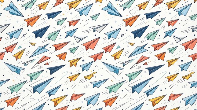 Seamless pattern background featuring colorful origami paper airplanes flying in different directions.