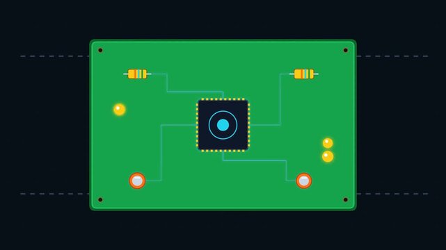 Animated Circuit Board Assembly: Resistors, Capacitor, CPU Chip Installation on Green PCB