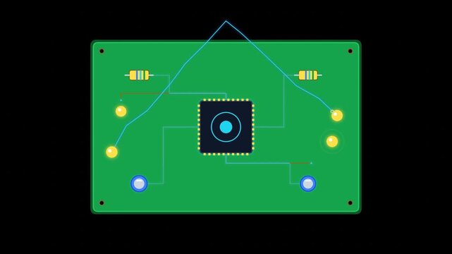 Animated Electronic Circuit Board Assembly: Chip, Resistors, and Connections on Green PCB