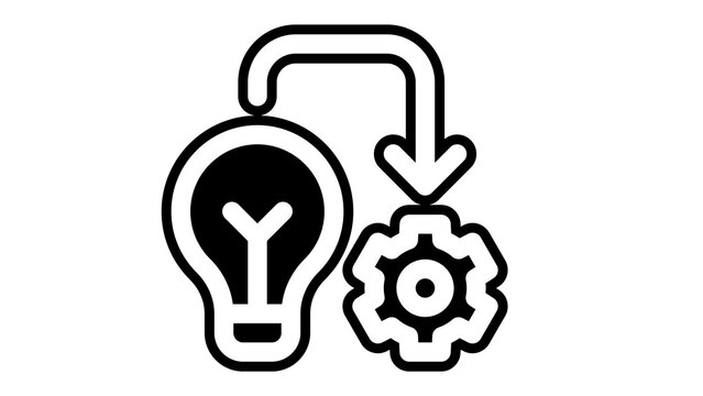 Conceptual graphic depicting a lightbulb leading to a gear with an arrow, representing the journey from creative thought to practical application and execution.