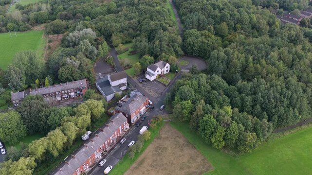 Aerial Video of Oldham Edge Woodland Path and Nature Reserve Trail in Greater Manchester. 