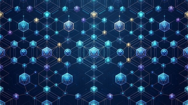 Abstract futuristic blockchain network background with connected blue hexagons and glowing digital data nodes.