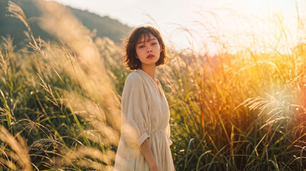 Obraz premium 억새밭에서 돌아보는 여성 · Woman Looking Back in Grass Field