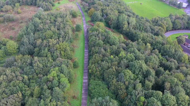 Aerial Video of Oldham Edge Woodland Path and Nature Reserve Trail in Greater Manchester. 