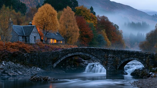 a rustic stone cottage nestled amidst a picturesque autumnal forest. The cottage has a slate roof and is illuminated by warm, golden light. A stone bridge arches over a calm river.