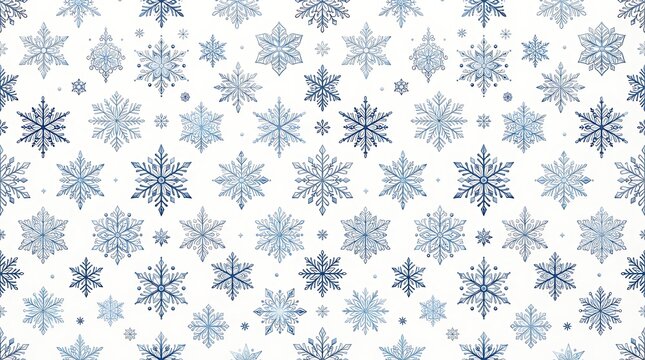 Seamless winter pattern with blue snowflakes on a white background.