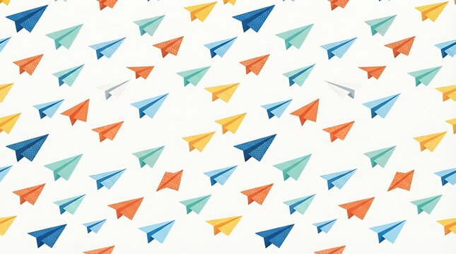 Seamless pattern background with colorful origami paper airplanes scattered on white.