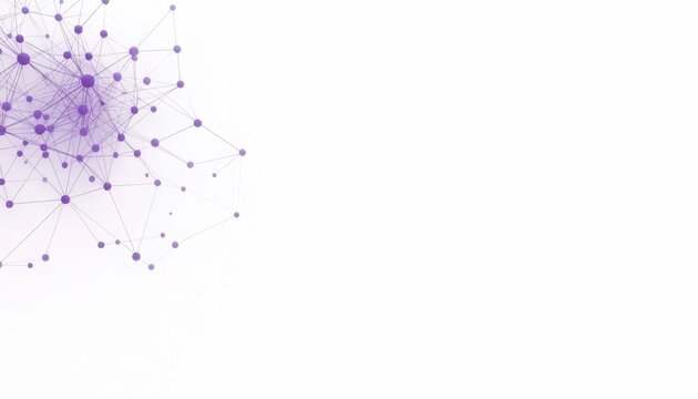 Purple abstract digital network cluster with interconnected nodes and lines on white background data connection abstract technology neural network information flow connected points internet