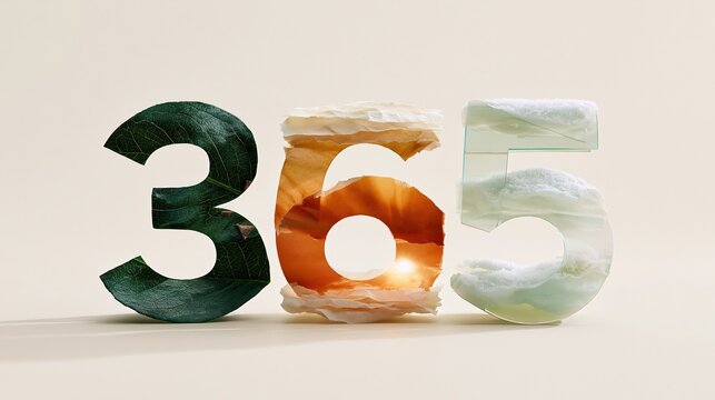 The number 365 is shown using materials representing seasons, highlighting the annual cycle in a simple studio setting.