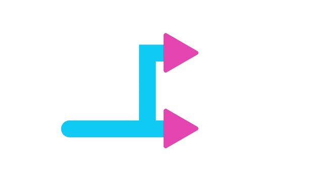 Animated L-shaped element in bold teal with a bold fuchsia arrow. isolated elements on white background. Seamlessly looping video.