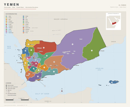 Yemen detailed vector map with governorates, capital, major cities, coastal waters and internal boundaries