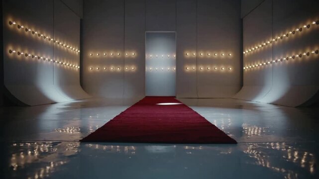 Moving spotlight crossing red carpet toward centered doorway on glossy set, leading eye forward