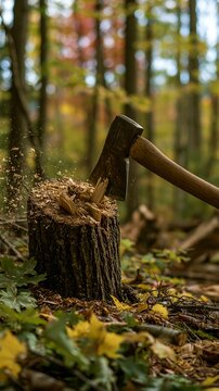 a moment in a forest during autumn. A large axe with a wooden handle and metal head is poised to strike a tree stump. The axes head is smeared with firewood, creating a trail of sparks.