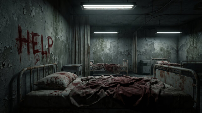 Hospital horror room with bloodstained bed and distressed walls. Abandoned building interior empty. creepy scarey fear halloween, old grunge dirty vintage background