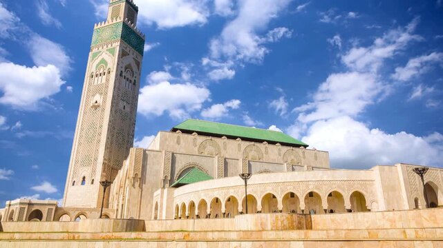 Historic Mosque in Cairo Egypt with Ancient Minaret Tower and Ornate Islamic Architecture, Landmark of Religion, Travel and TourismTime lapse of Hasan II Mosque in Casablance, Morocco seen during a su