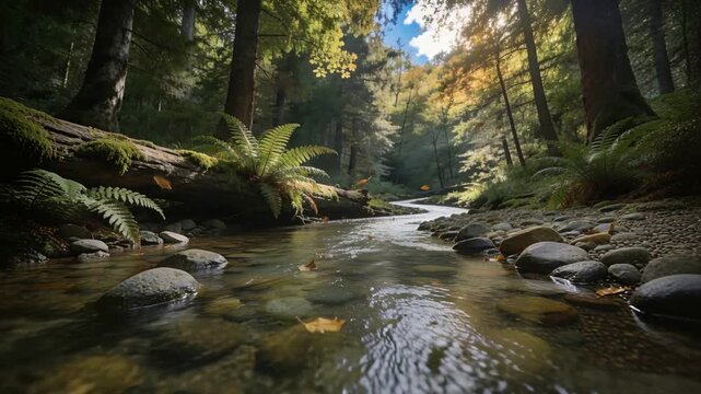 Flowing shallow stream carrying falling leaves after light breeze in forest, moss log and ferns
