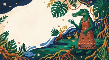 Obraz premium Anthropomorphic Crocodile in Tropical Setting