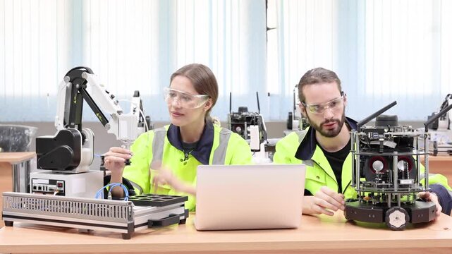 Team of engineers at conference project meeting room, discuss and inspect robot AI mechanism, find solutions, use laptop at industrial technology factory. High-Tech Science and Engineering Concept.