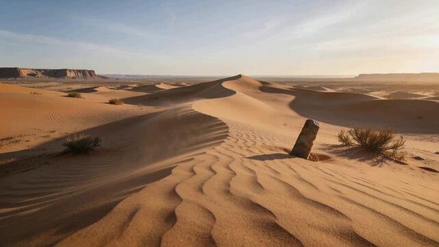Moving camera gliding forward toward sand dune ridge at desert, revealing leaning stone marker