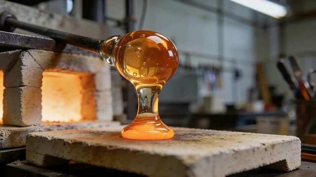 Elongating molten amber glass gather on metal rod necking toward studio shelf, furnace glow pulling