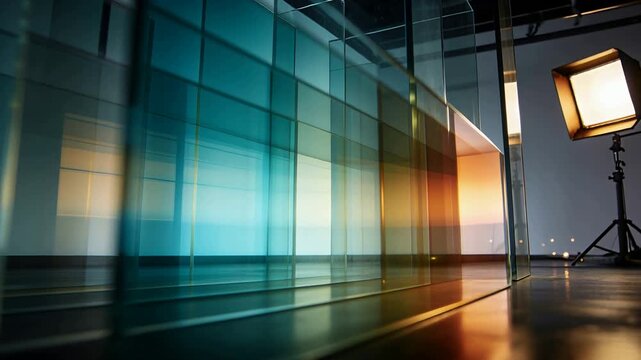Moving camera revealing staggered tinted glass panes in studio, showcasing teal amber reflections