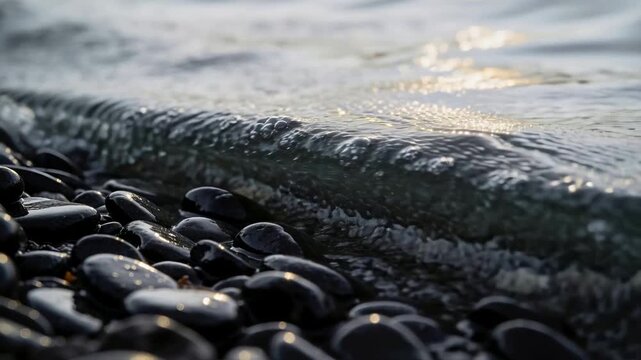 Rolling breaking waves forming crests, collapsing into foam, receding on pebble shoreline
