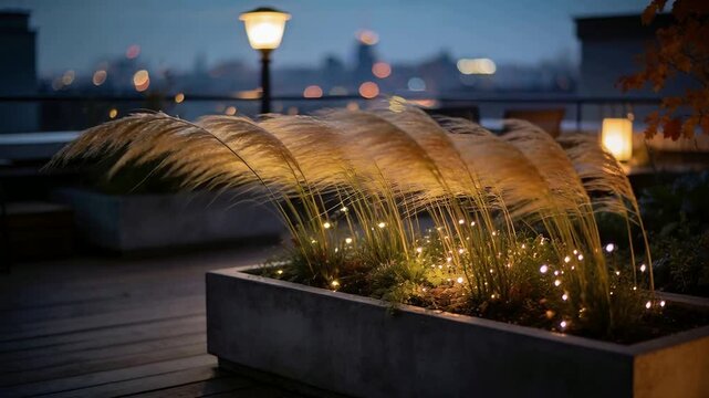 Rippling planter grasses bending left to right on rooftop terrace, breeze making string lights glow
