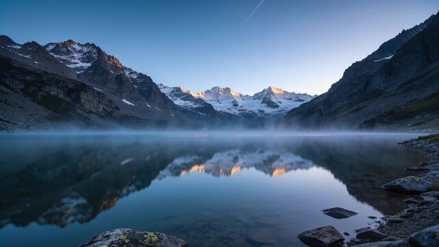 Reflecting alpine lake and peaks warming under sunrise light by front lichen boulder, with low mist