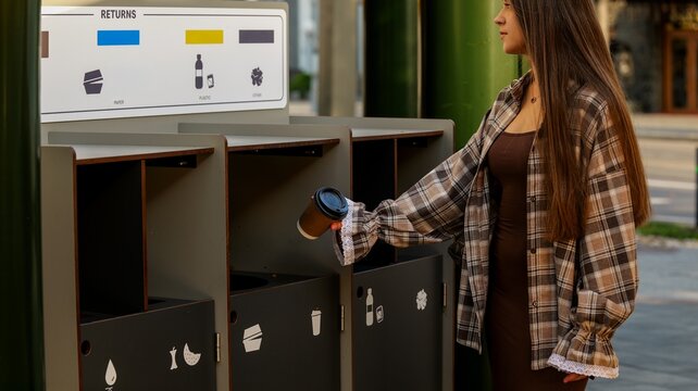 Woman disposing of a coffee cup in a recycling bin for sustainability