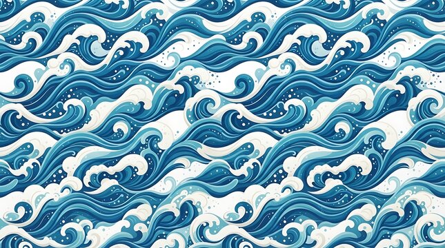 Seamless pattern with stylized ocean waves in blue and white colors.