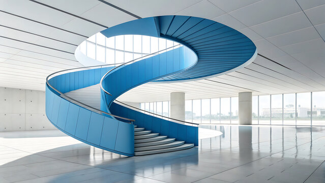 Blue spiral staircase in spacious modern atrium