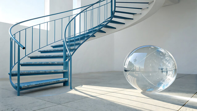 Blue spiral staircase beside a transparent glass orb