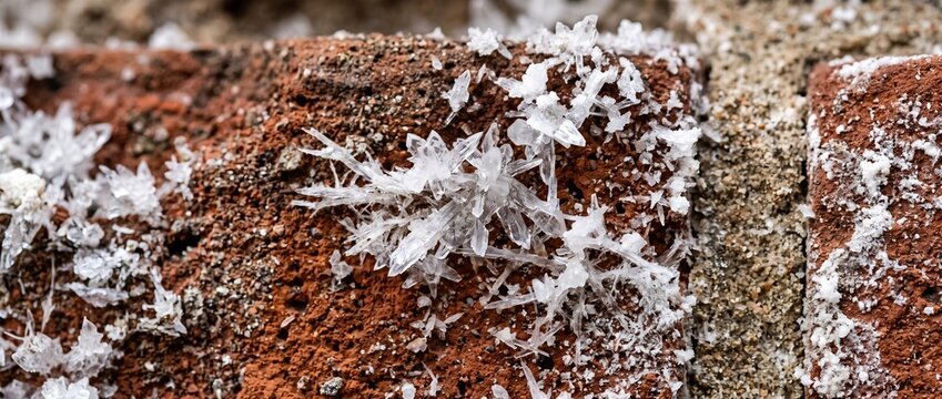 Salt crystal bloom and efflorescence on red brick wall. Close up macro view of mineral crystal growth on clay masonry surface. Building moisture damage concept