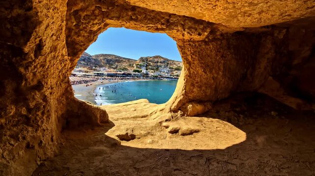 Rocky Matala cave frames a turquoise bay, sandy beach and coastal settlement, Crete, Greece